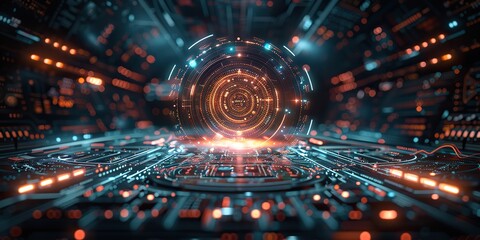 Obraz premium A futuristic interface with layered holographic displays and virtual elements.