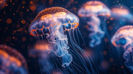 Beautiful background of exotic light from jellyfish in the deep blue ocean.