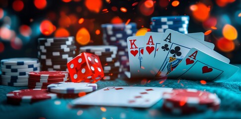 Poker cards, dice and chips flying on the table. bokeh background
