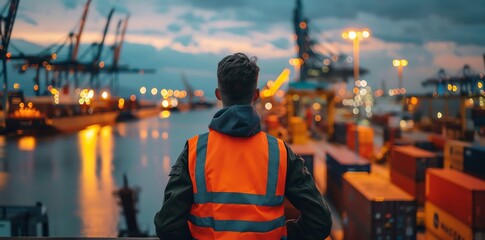 Gritty industrial scene of port with cargo containers and cranes, professional worker in high vis vest overlooking harbor at dusk, back view looking over shoulder towards camera