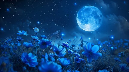 Ethereal Blue Moon casting a serene glow on blue flowers and stars with sapphire brilliance, oil painting effect focusing on tranquility