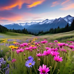 Obraz premium A panoramic photo of a colorful wildflower meadow stretching towards snow-capped mountains in the distance