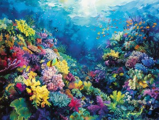 Fototapeta premium Vibrant coral reef teeming with marine life, colorful fish and corals, crystal clear turquoise waters