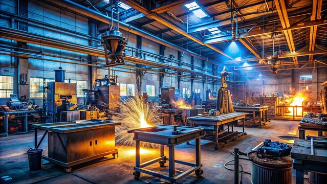 A well-organized workshop interior with welding machines, tools, and protective gear scattered around, lit by a warm industrial light.