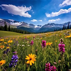 Obraz premium photo of a colorful wildflower meadow stretching towards snow-capped mountains in the distance