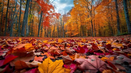 Vibrant autumn forest with colorful foliage, fallen leaves covering the ground, and a crisp, clear sky