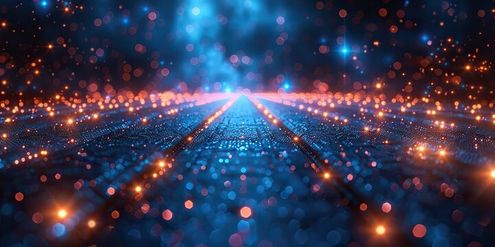 A futuristic blue digital background with a grid of glowing lines.