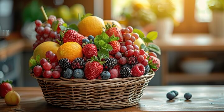 Basket of fresh fruits on a kitchen island with space for copying