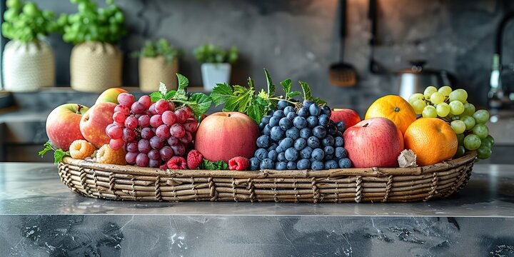 Basket of fresh fruits on a kitchen island with space for copying