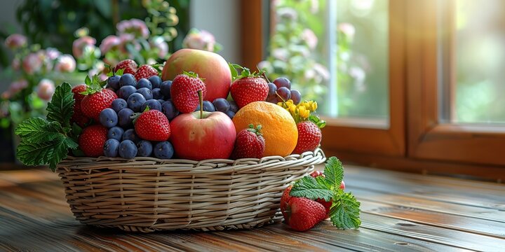 Basket of fresh fruits on a kitchen island with space for copying