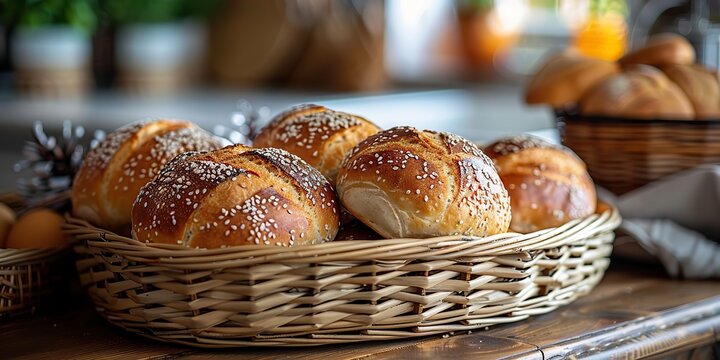 Basket of freshly baked bread on a kitchen counter with space for copying