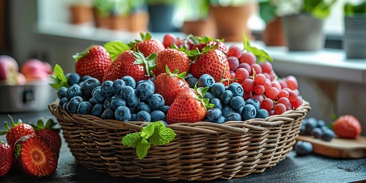 Basket of fresh fruits on a kitchen island with space for copying