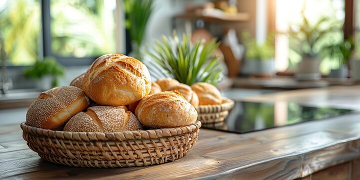 Basket of freshly baked bread on a kitchen counter with space for copying