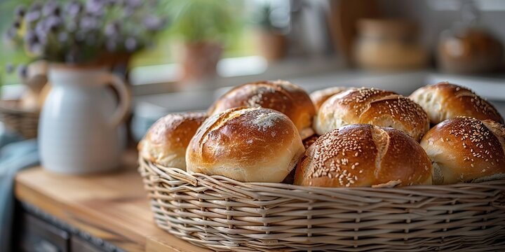 Basket of freshly baked bread on a kitchen counter with space for copying