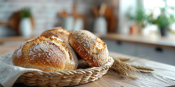 Basket of freshly baked bread on a kitchen counter with space for copying