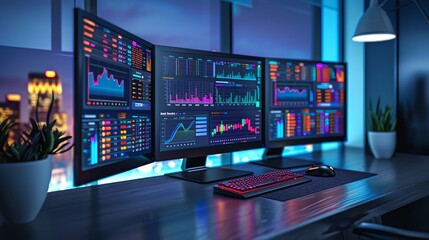 Fototapeta premium Modern desktop computer with multiple screens displaying data and analytics, advanced technology setup