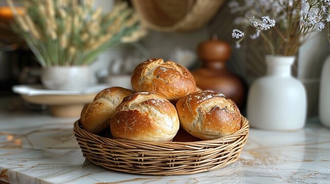 Basket of freshly baked bread on a counter and space for copying