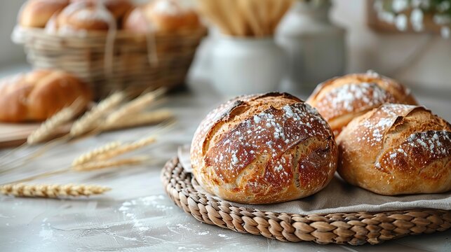 Basket of freshly baked bread on a counter and space for copying