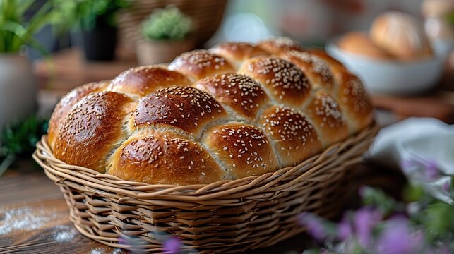 Basket of freshly baked bread on a counter and space for copying