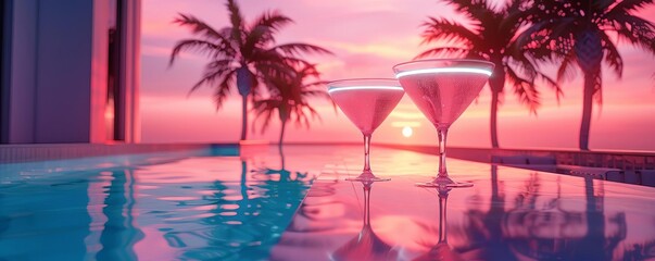 Obraz premium Elegant pool with palm trees, holographic drink glasses, futuristic, bright neon colors, 3D render