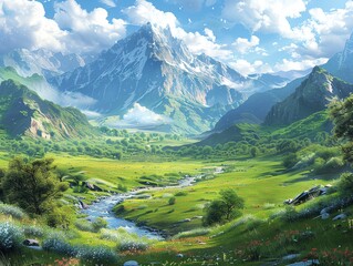 Fototapeta premium Scenic mountain valley with a winding river, lush green meadows, and towering peaks, serene and breathtaking