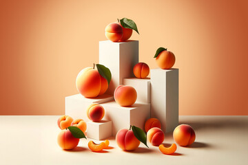 Apricots creatively arranged on and around white geometric blocks