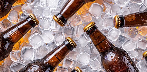Bottles of beer in ice cubes on the table, top view, closeup, high resolution photography, stock photo, professionally color graded, clean sharp focus.