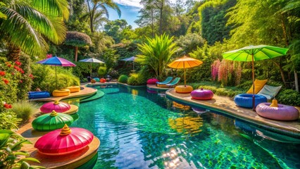 Vibrant pool scene with colorful floats, steps, and umbrellas, surrounded by lush greenery, conveying a sense of fun and relaxation on a sunny day.