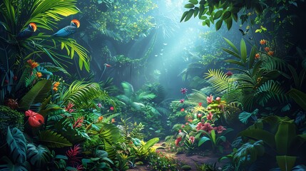 Fototapeta premium Lush jungle with diverse flora and fauna, exotic plants, and colorful birds, vibrant and alive