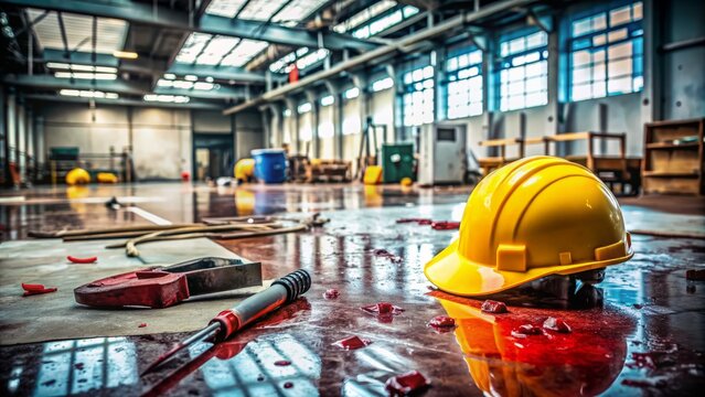 Empty workshop floor with scattered tools, broken machinery, and a hard hat lying next to a pool of blood, suggesting a serious workplace accident.