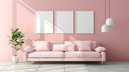 Fototapeta premium Mock up posters, pastel comfortable sofa, Living room