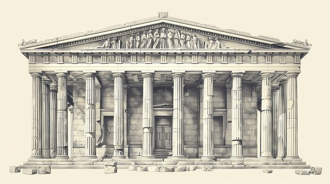 Illustration of an ancient Greek temple, detailed architecture and historical accuracy, classical elegance
