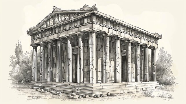 Illustration of an ancient Greek temple, detailed architecture and historical accuracy, classical elegance