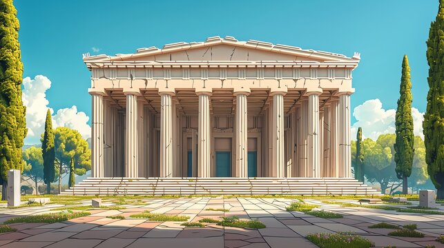 Illustration of an ancient Greek temple, detailed architecture and historical accuracy, classical elegance