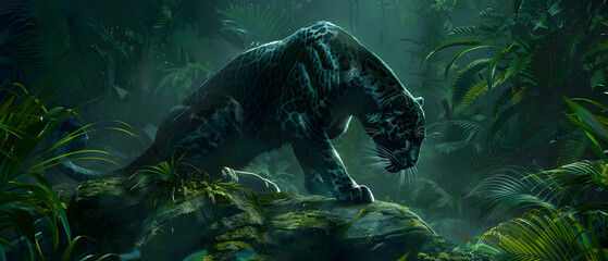 An elegant black panther crouched low on a rock, muscles tensed and eyes focused, with the dense undergrowth of a tropical forest providing a dramatic and shadowy backdrop