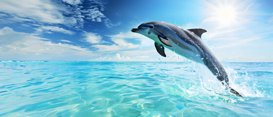 A playful image of a dolphin leaping out of crystal-clear ocean waters, droplets frozen in mid-air, the horizon visible in the background under a bright blue sky © Komkrit