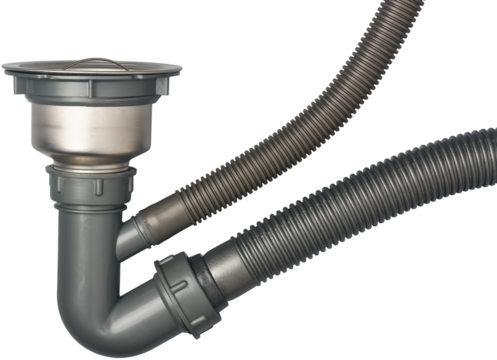 drain pipe or sewer of kitchen sink isolated white background, plastic or pvc flexi pipe tube connection with stainless steel drainage of washbowl, plumbing system of trap waste in close-up
