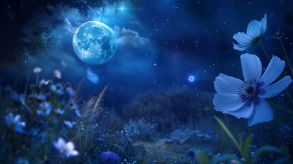 Serene scene with Blue Moon casting ethereal blue light on flowers and stars glowing with sapphire brilliance, oil painting effect focusing on calm