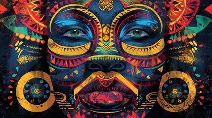 Illustration of a traditional African mask, vibrant colors and intricate details, cultural significance
