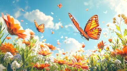 Fototapeta premium Illustration of a sunny summer garden with butterflies and flowers, bright and lively