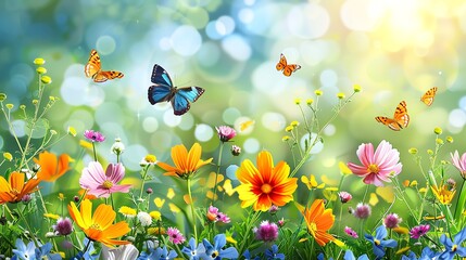 Fototapeta premium Illustration of a sunny summer garden with butterflies and flowers, bright and lively