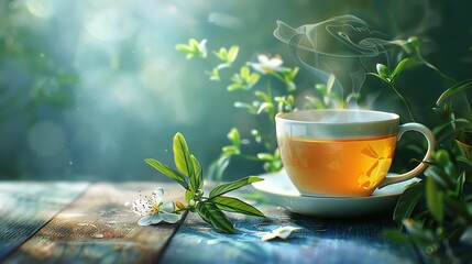 Illustration of a steaming cup of herbal tea with fresh herbs, calming and vibrant presentation