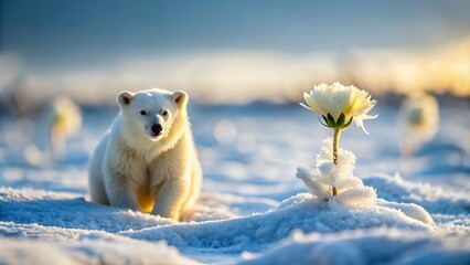 Obraz premium Polar bear focusing on loenly flower