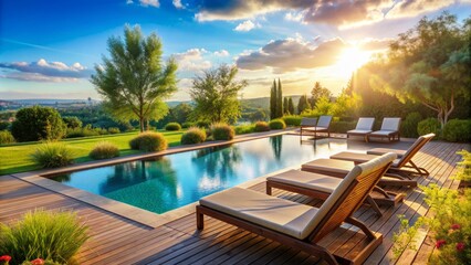 Fototapeta premium Serenene poolside setting with comfortable lounge chairs and tranquil surroundings, inviting relaxation and recreation on a warm sunny day.