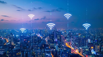 Obraz premium Modern city with wireless network connection and city scape concept. Wireless Signs Encompassing the Globe.