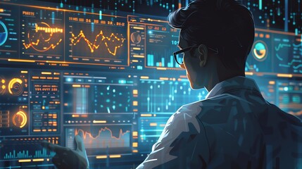 Illustration of a modern data analyst working with a digital dashboard, showcasing advanced data analytics technology
