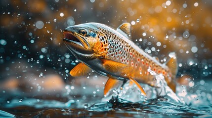 Panoramic Banner with Copy Space: Jumping Rainbow Trout Above Water