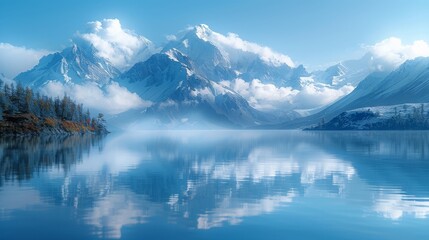Fototapeta premium Serene lake mirrors snow-capped peaks at dusk, pastel sky above.