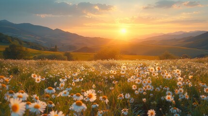 Fototapeta premium Sunrise over a peaceful meadow, dewy wildflowers, and rolling hills beyond.