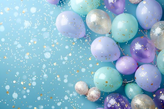 Globos color pastel verde y morado sobre un fondo azul cielo con confeti dorado. Imagen con espacio para copiar ideal para tarjeta de invitacion, cumplea&ntilde;os 
